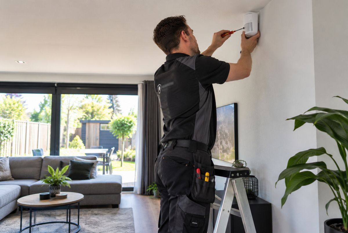 Beveiligingsinstallateur monteert een bewegingsmelder van een alarmsysteem aan de muur in de woonkamer van een woning