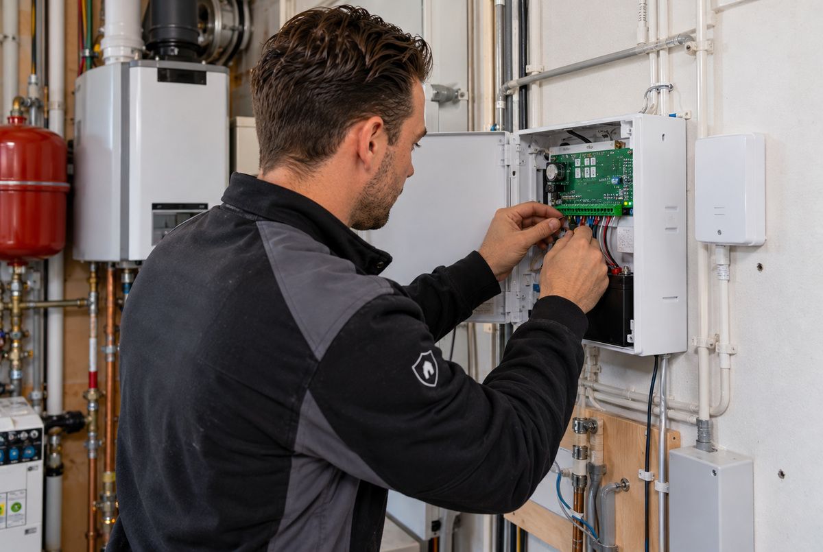 Beveiligingsinstallateur sluit de bedrading aan in de centrale van een alarmsysteem tijdens de installatie
