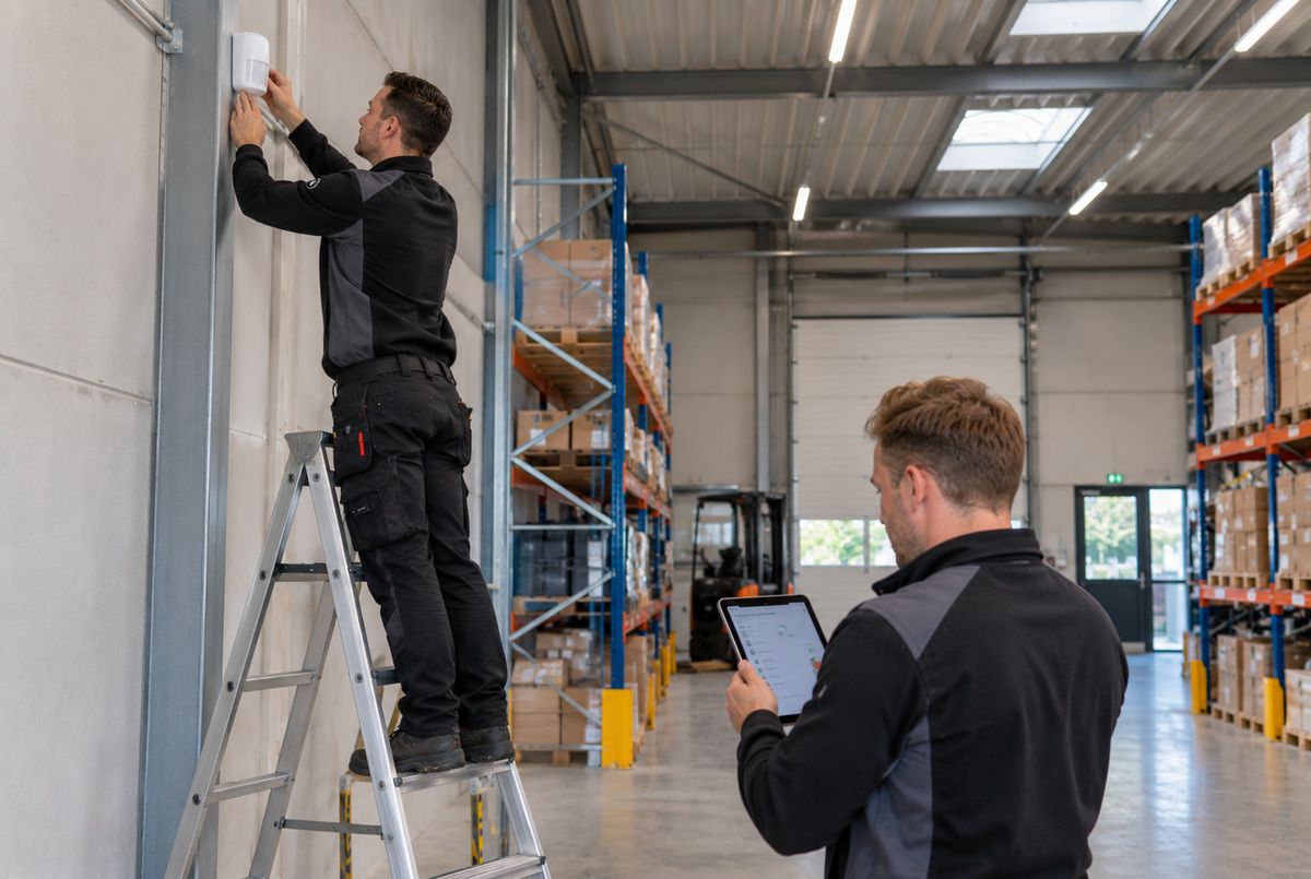 Twee beveiligingsinstallateurs installeren en controleren een bewegingsmelder van een alarmsysteem in een bedrijfspand