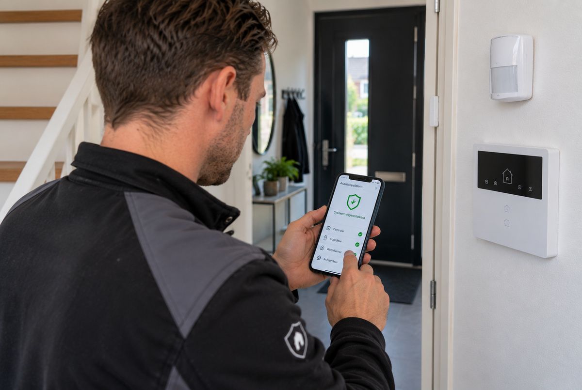 Beveiligingsinstallateur controleert via een smartphone de werking van een alarmsysteem in een woning